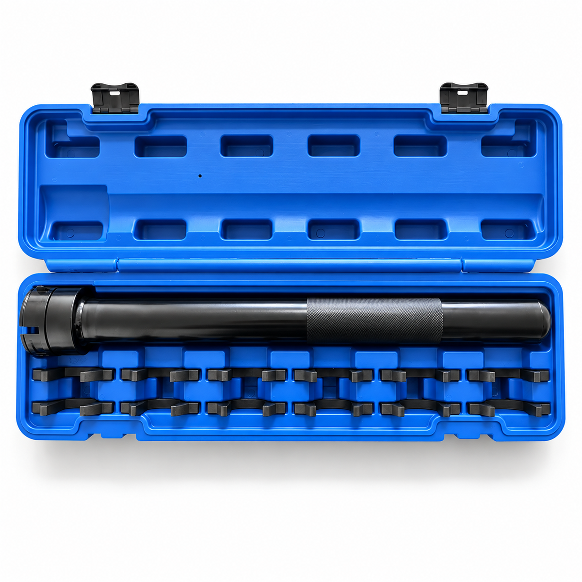 Inner tie rod removal kit with a tubular tool body and 12 adapters in an open blue storage case