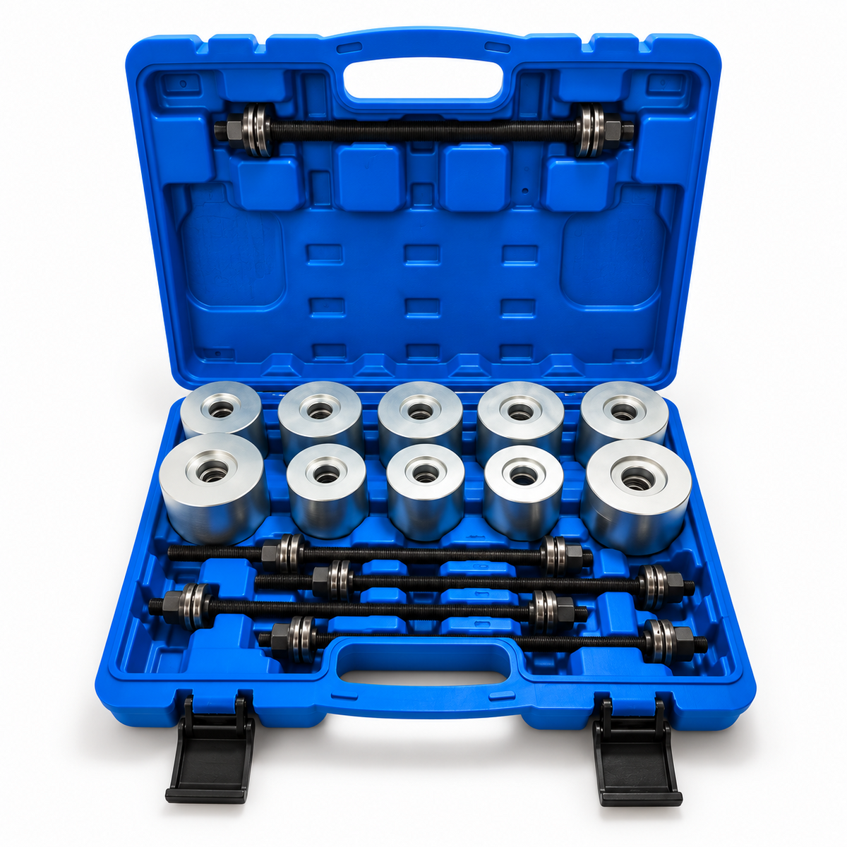27-piece bushing removal and installation tool kit in a blue carry case