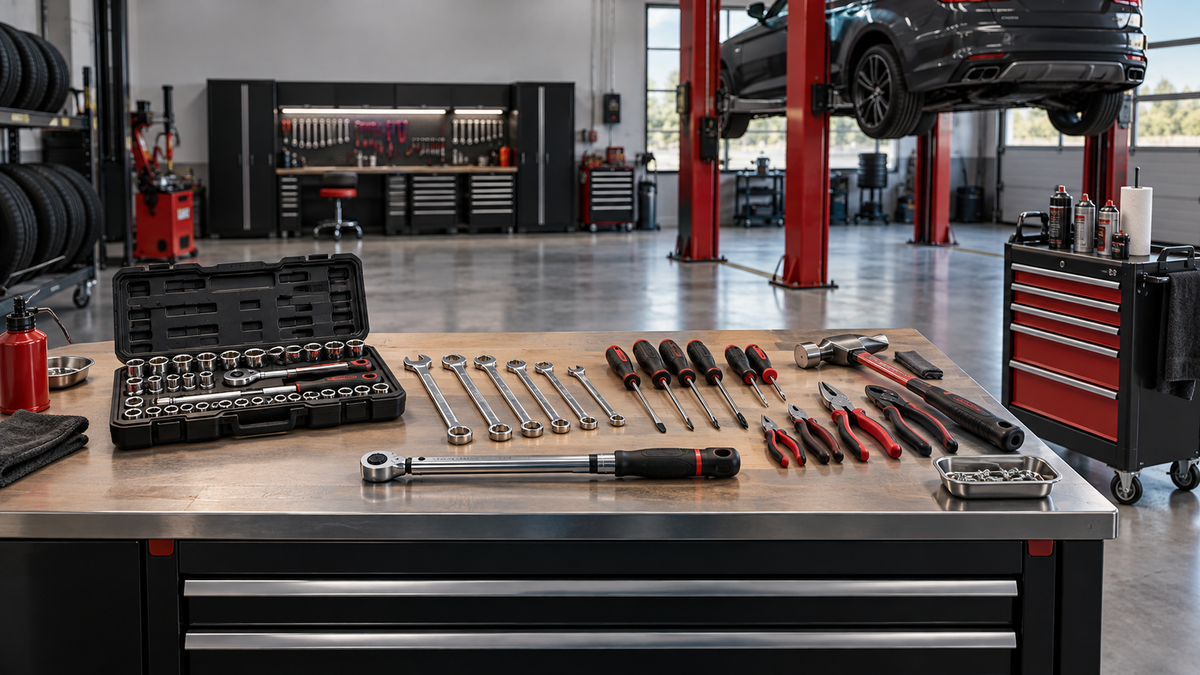 General workshop tools in a professional automotive repair workshop for the CHENGGE TOOLS workshop tool buying guide