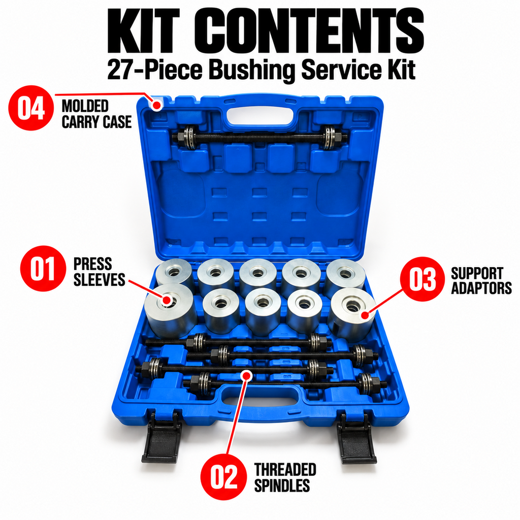 27-piece bushing service kit contents: press sleeves, threaded spindles and support adapters
