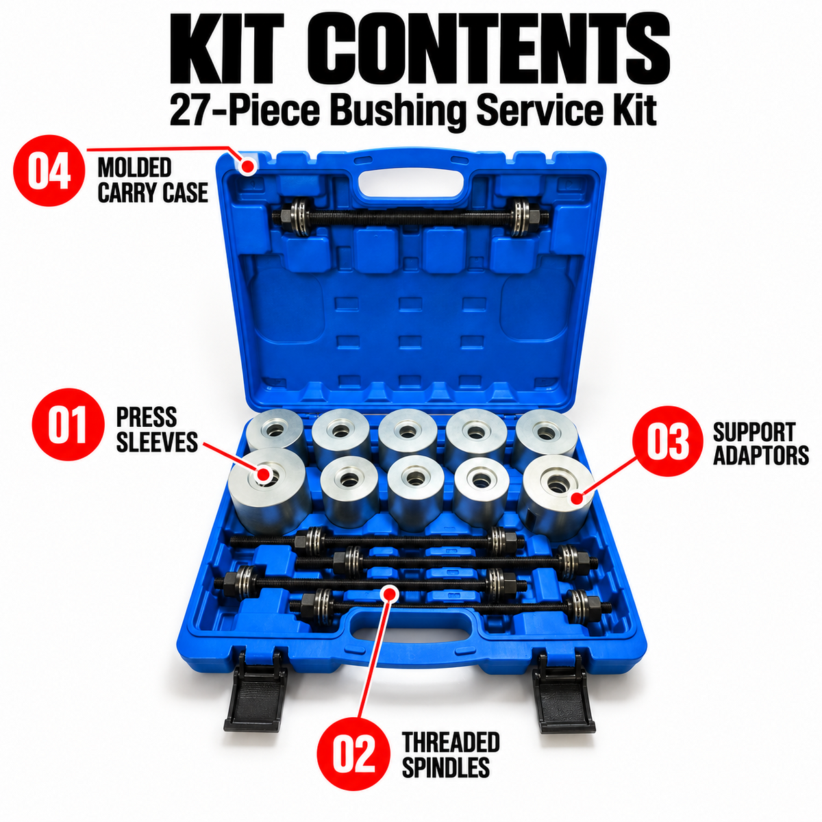 27-piece bushing service kit contents: press sleeves, threaded spindles and support adapters