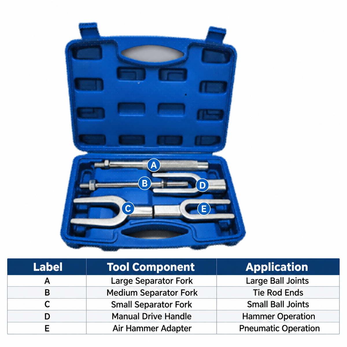 5-Piece Ball Joint Separator Tool Set Contents
