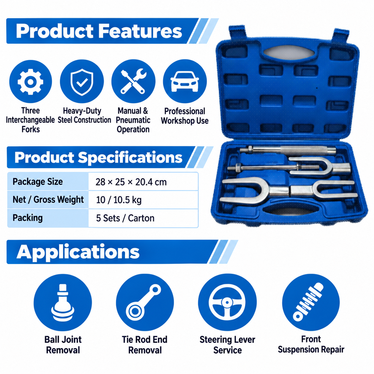 5-Piece Ball Joint Separator Tool Set Features