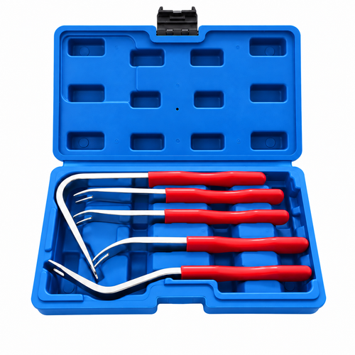 Five red-handled trim and clip removal tools in an open blue carrying case on a pure white background