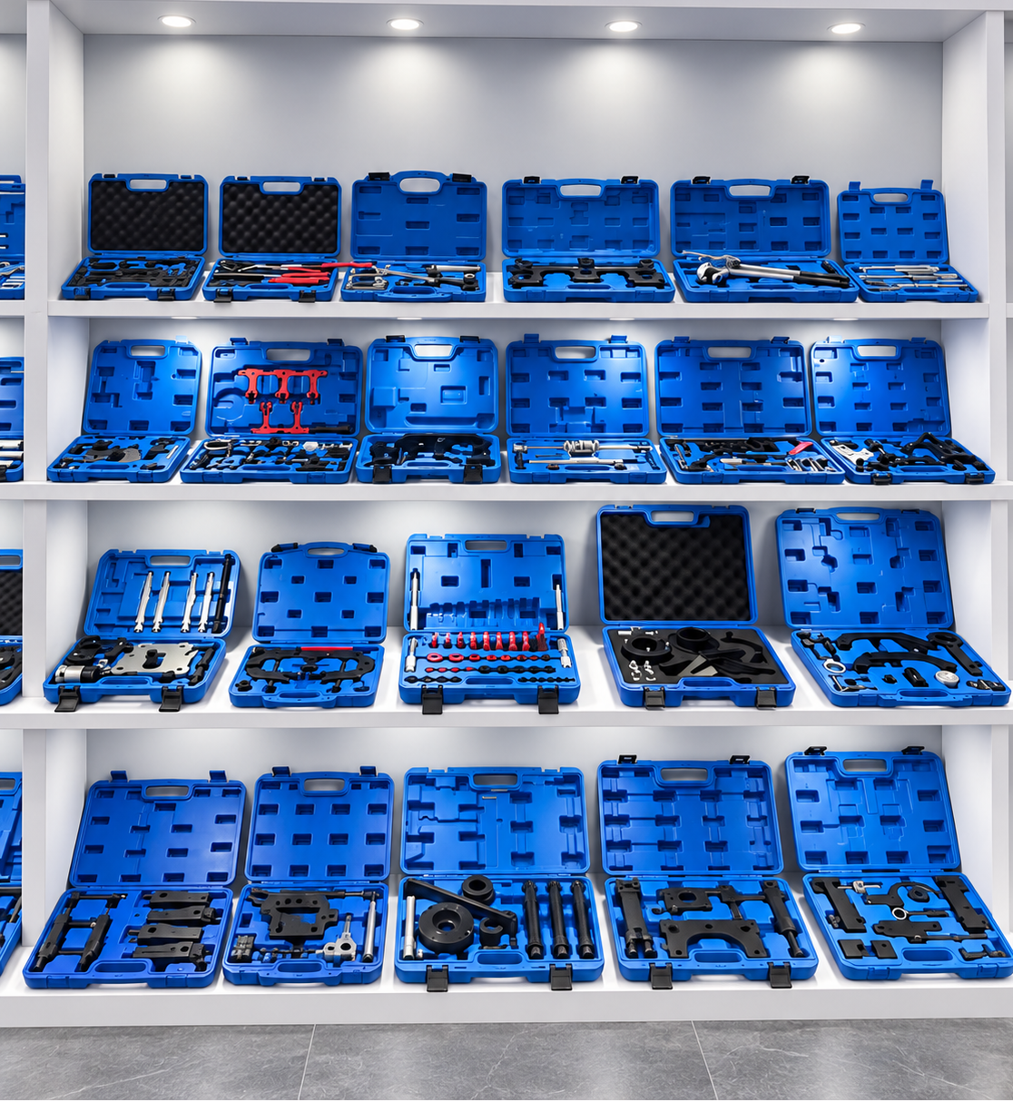 Blue automotive specialty tool kits arranged on display shelves.