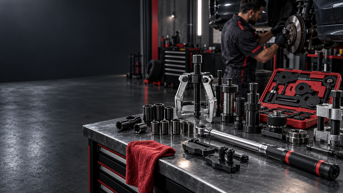 Automotive specialty tools and a red tool kit on a workbench, with a mechanic working on a vehicle in the background.