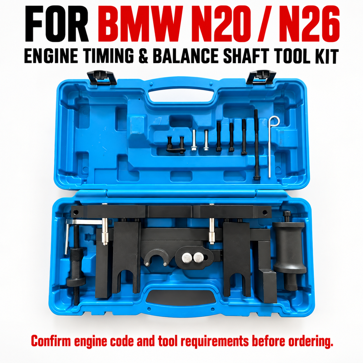 Engine timing and balance shaft tool kit displayed with BMW N20 and N26 engine identification