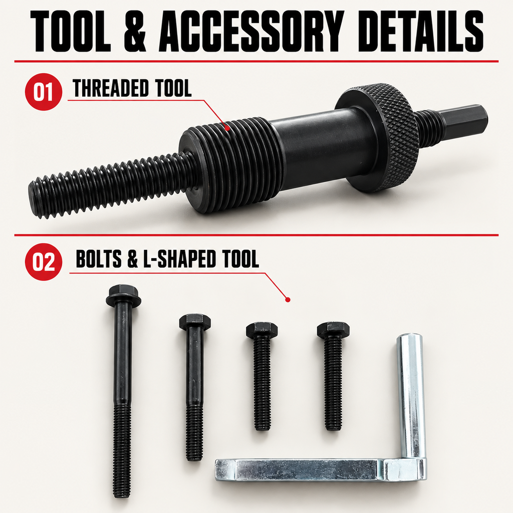 Close-up of the threaded tool, four bolts and L-shaped accessory included in the timing tool kit.