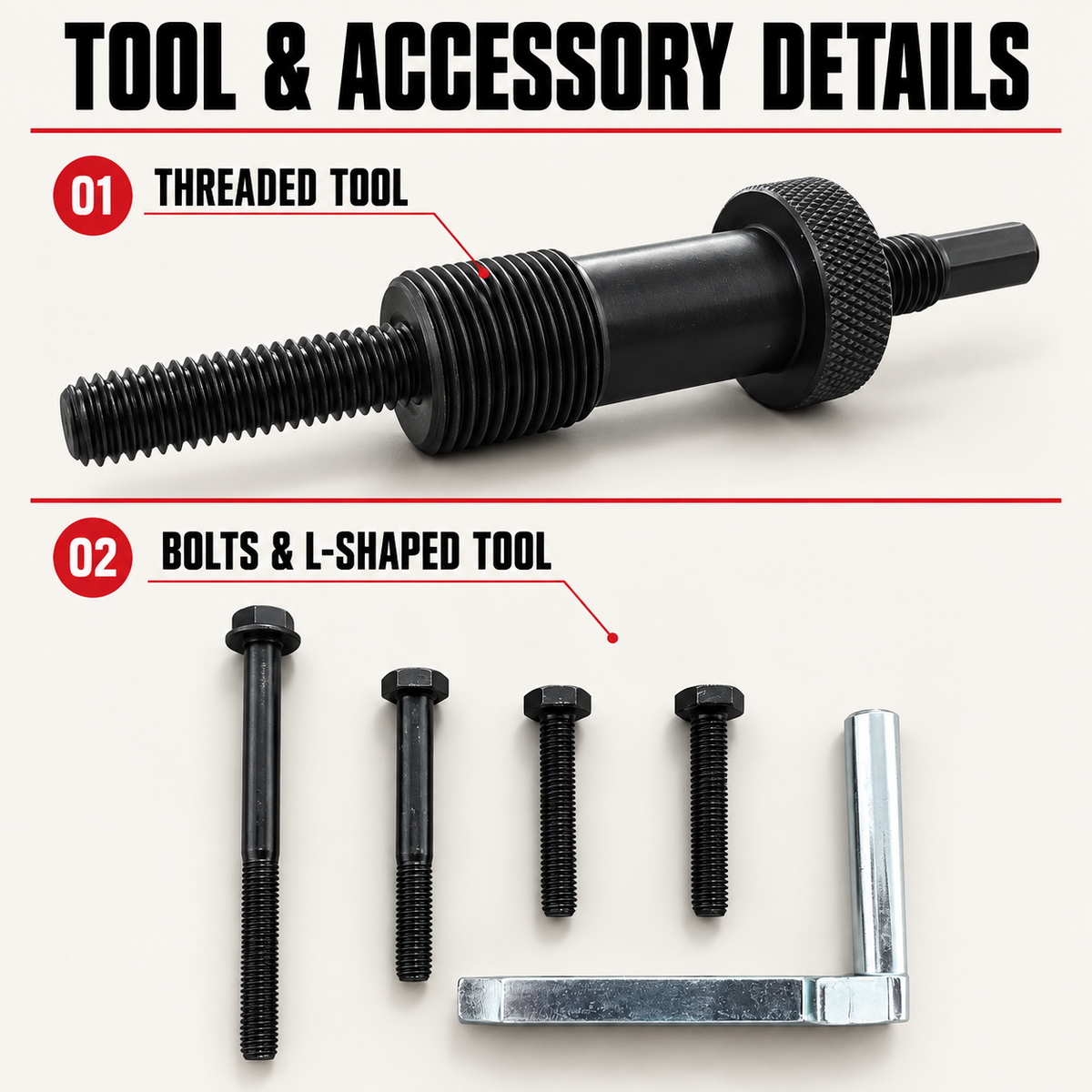 Close-up of the threaded tool, four bolts and L-shaped accessory included in the timing tool kit.