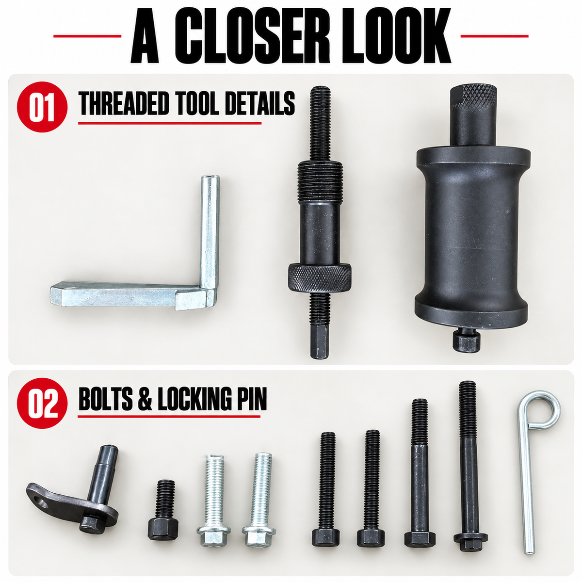 Close-up of threaded tools, mounting bolts and locking pin from the BMW N20 N26 timing tool kit