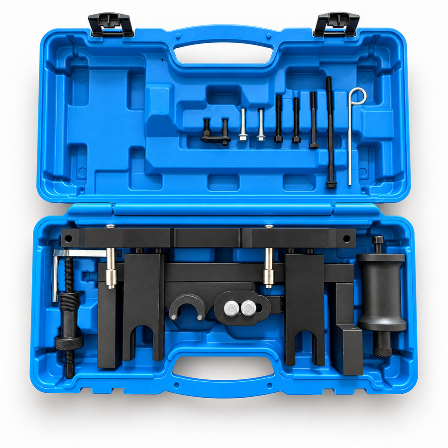 Engine timing and balance shaft tool kit for BMW N20 and N26 engines in an open blue carrying case