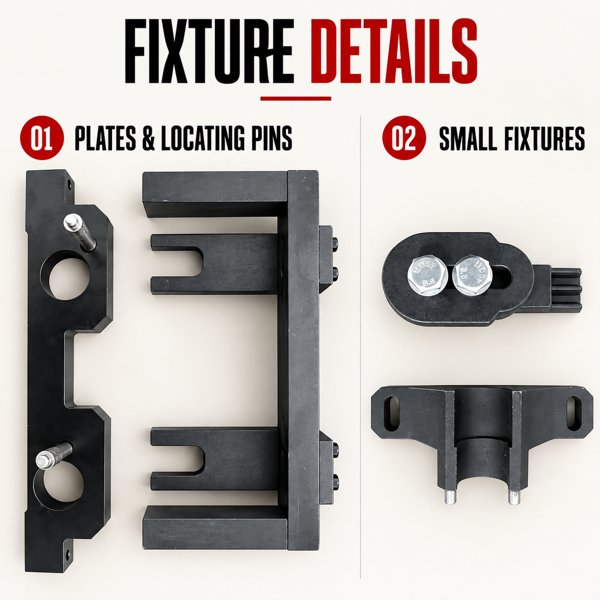 Close-up of timing fixture plates, locating pins and small fixtures for BMW N20 and N26 engines