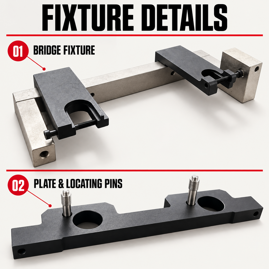Close-up of the bridge fixture and locating plate with pins from the BMW N20 and N26 timing tool kit.
