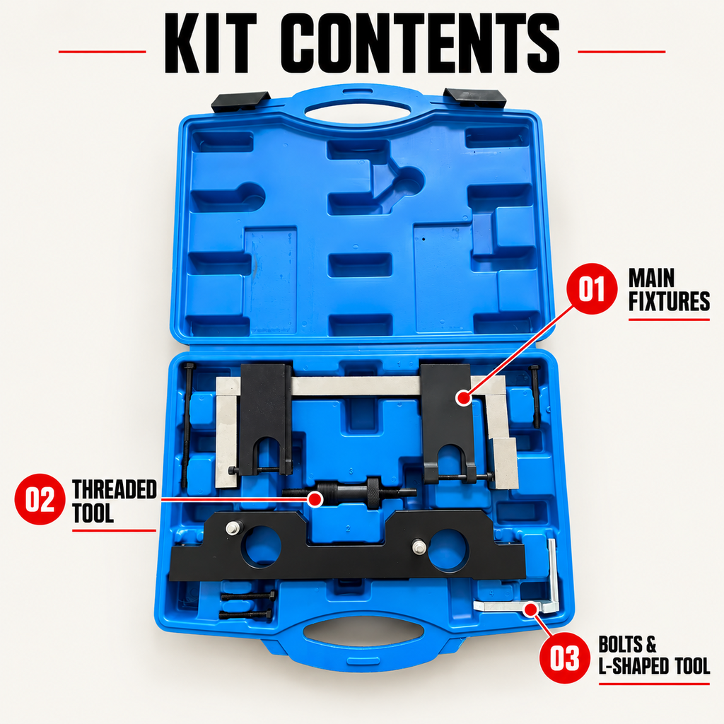 Kit contents showing main fixtures, threaded tool, bolts and an L-shaped accessory in a blue case.