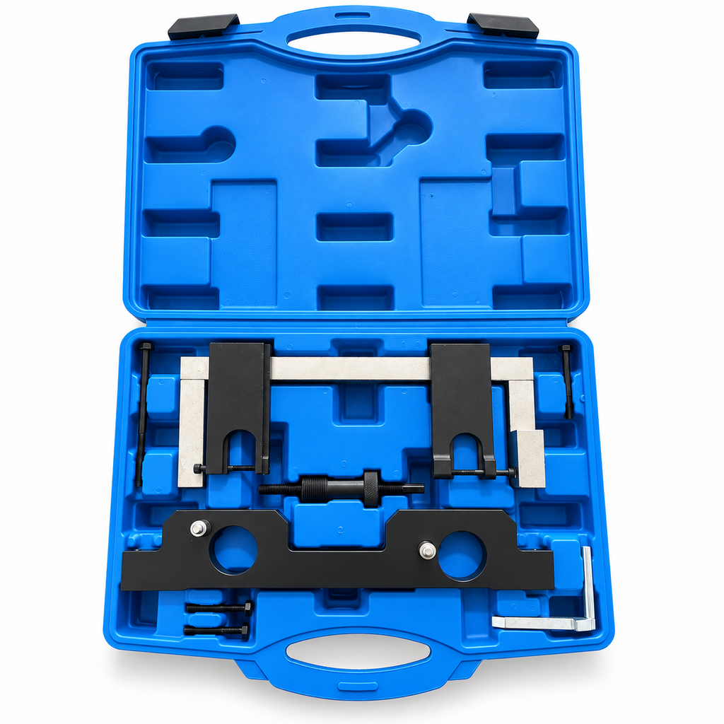 Engine timing tool kit for BMW N20 and N26 with fixtures and accessories in an open blue carrying case.
