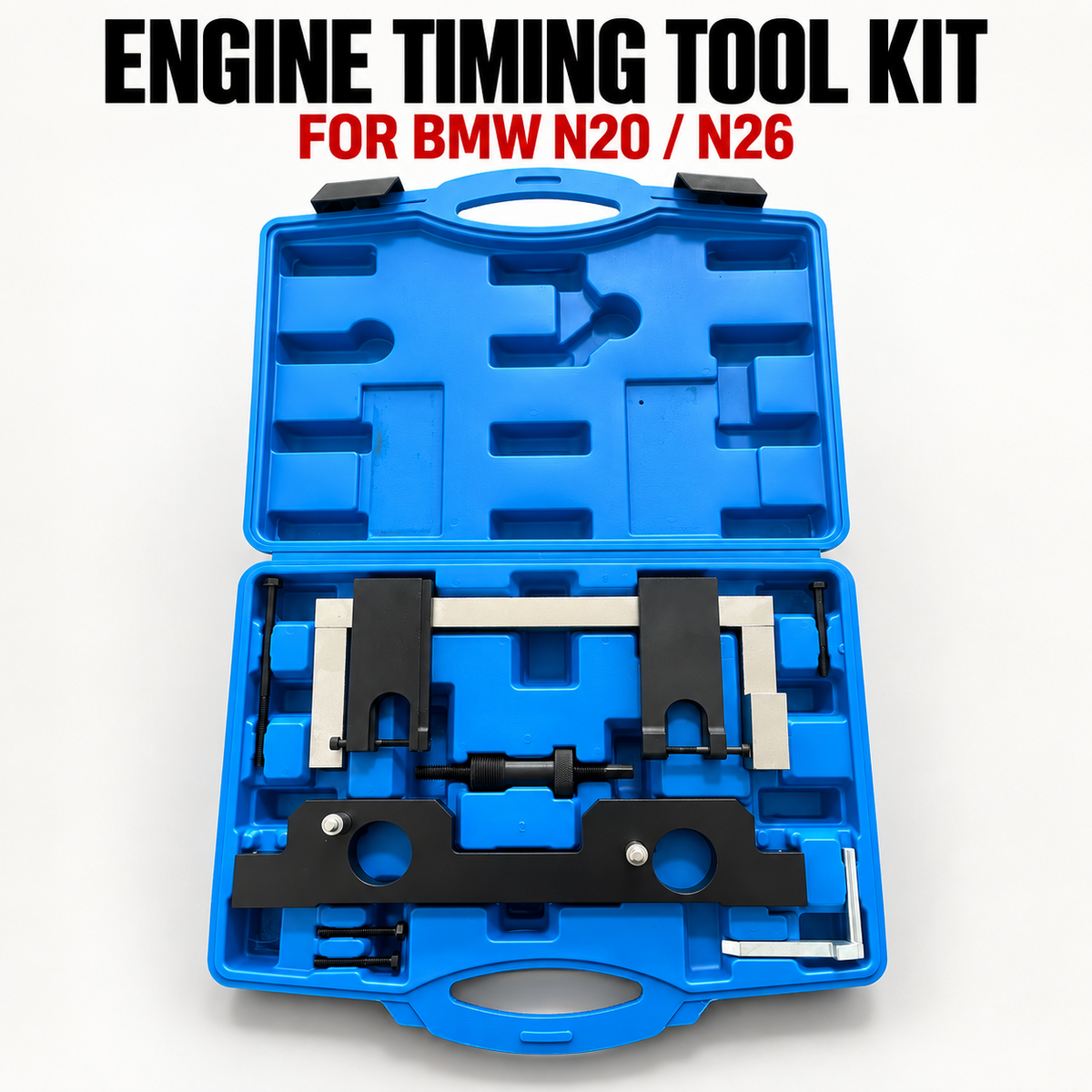 BMW N20 and N26 engine timing tool kit shown in a blue case with an engine timing kit heading.
