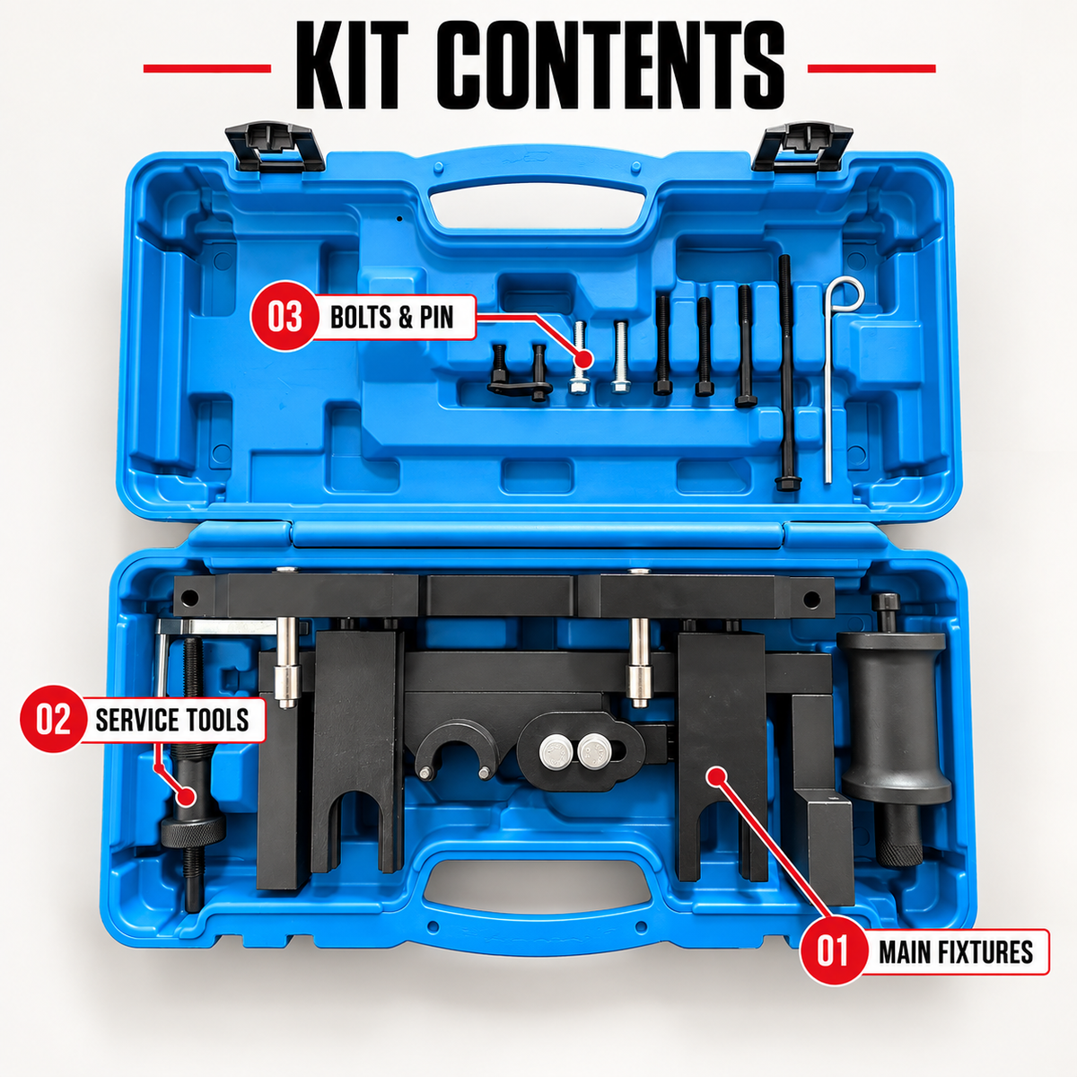 Main fixtures, service tools, bolts and locking pin included in the BMW N20 N26 timing tool kit