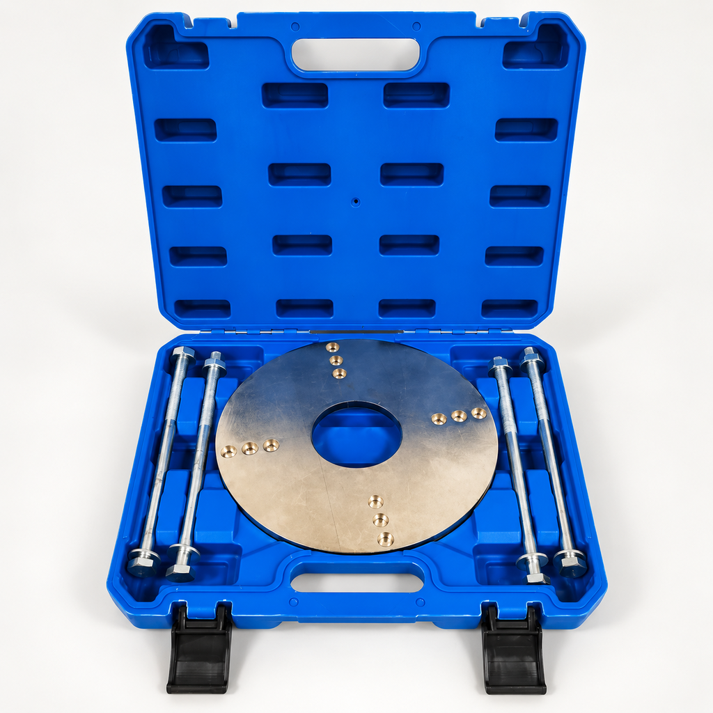 EV motor service tool kit with circular plate, four rods and blue storage case