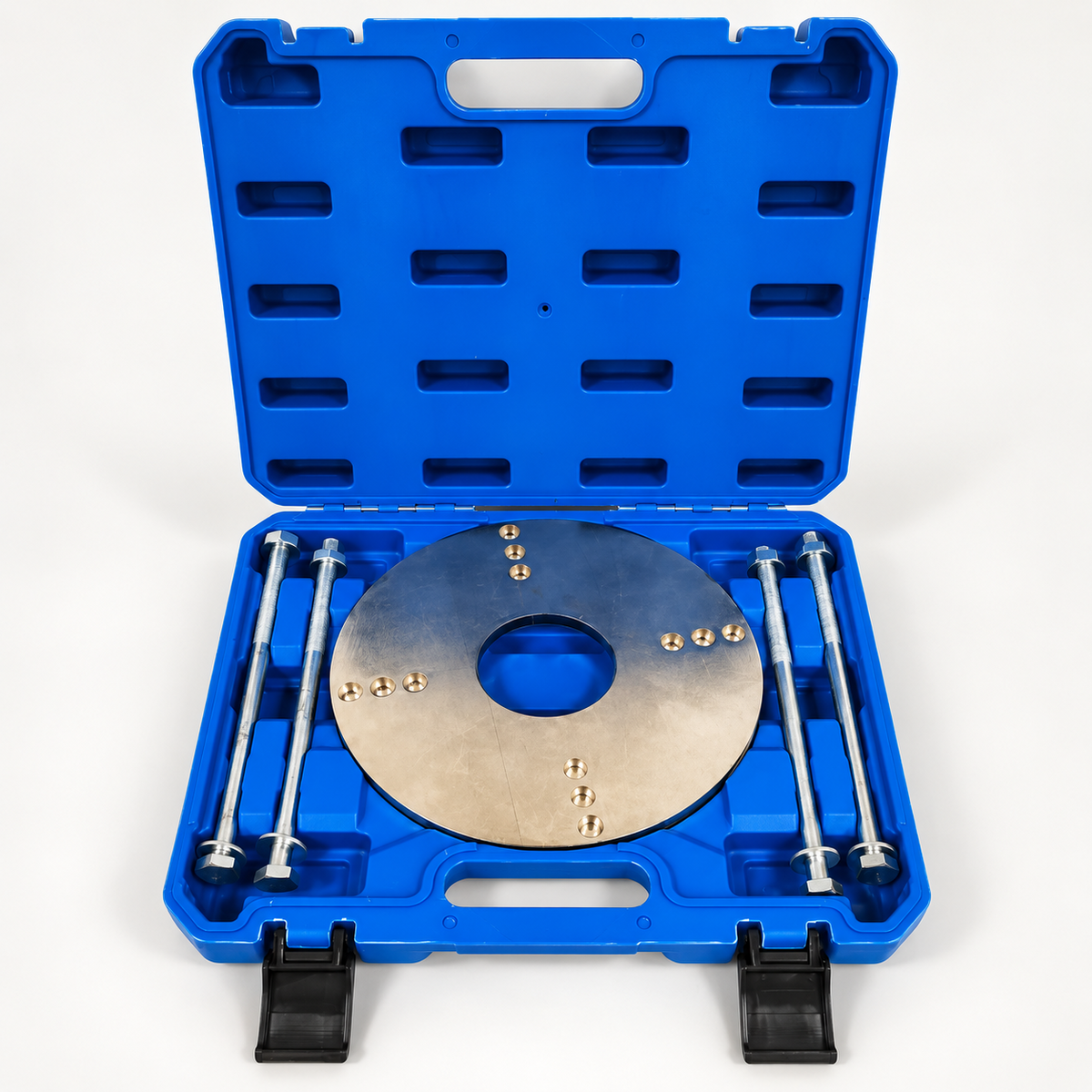 EV motor service tool kit with circular plate, four rods and blue storage case