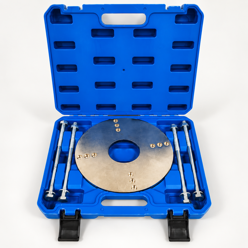 EV motor service tool kit with circular plate, four rods and blue storage case
