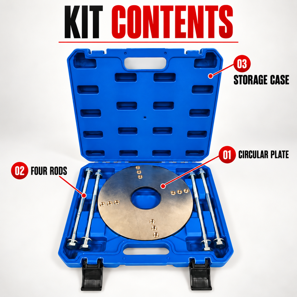 EV motor service tool kit contents: plate, four rods and case