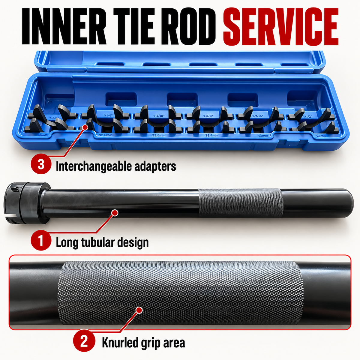 Inner tie rod tool details showing the long tubular body, knurled grip area and interchangeable adapters