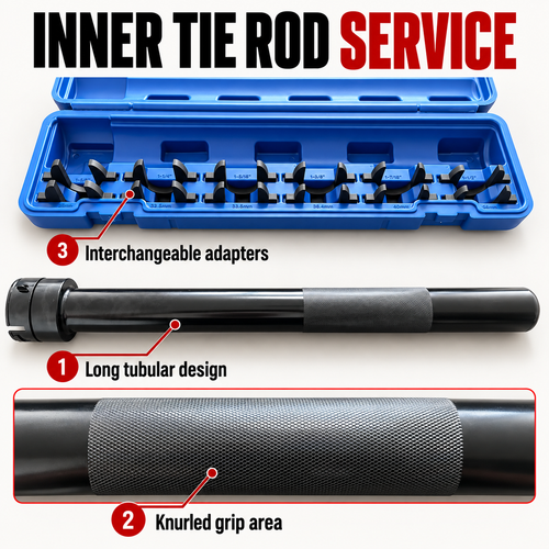 Inner tie rod tool details showing the long tubular body, knurled grip area and interchangeable adapters