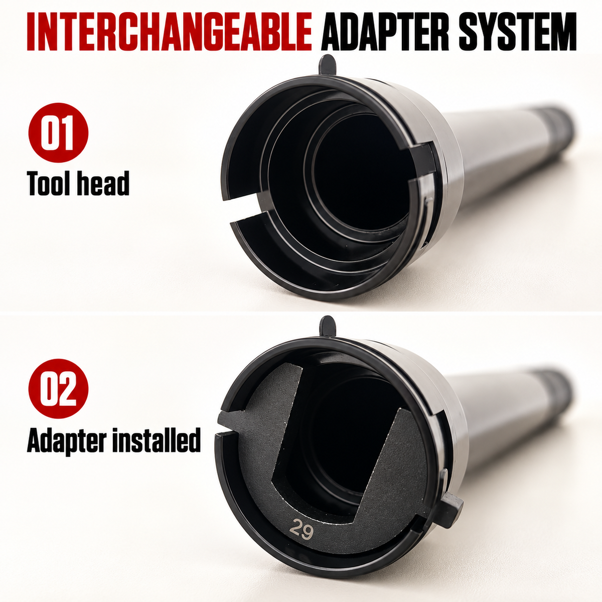 Inner tie rod tool head without an adapter and with the 29 mm adapter installed