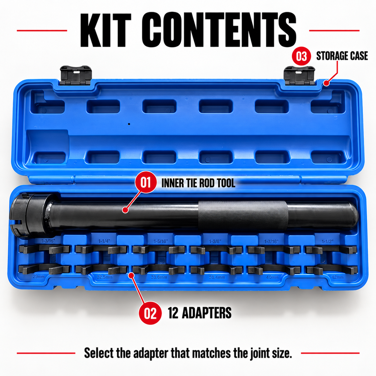 Inner tie rod tool kit contents showing the tool body, 12 metric and imperial adapters, and blue storage case.