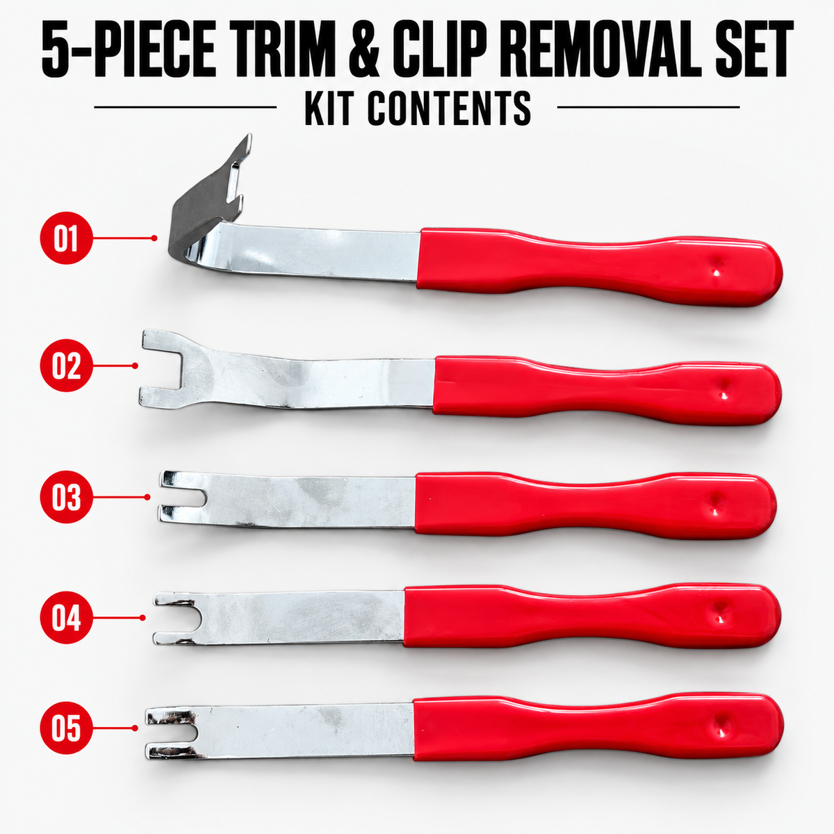 Five trim and clip removal tools displayed individually with numbered labels