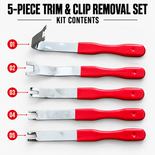 Five trim and clip removal tools displayed individually with numbered labels