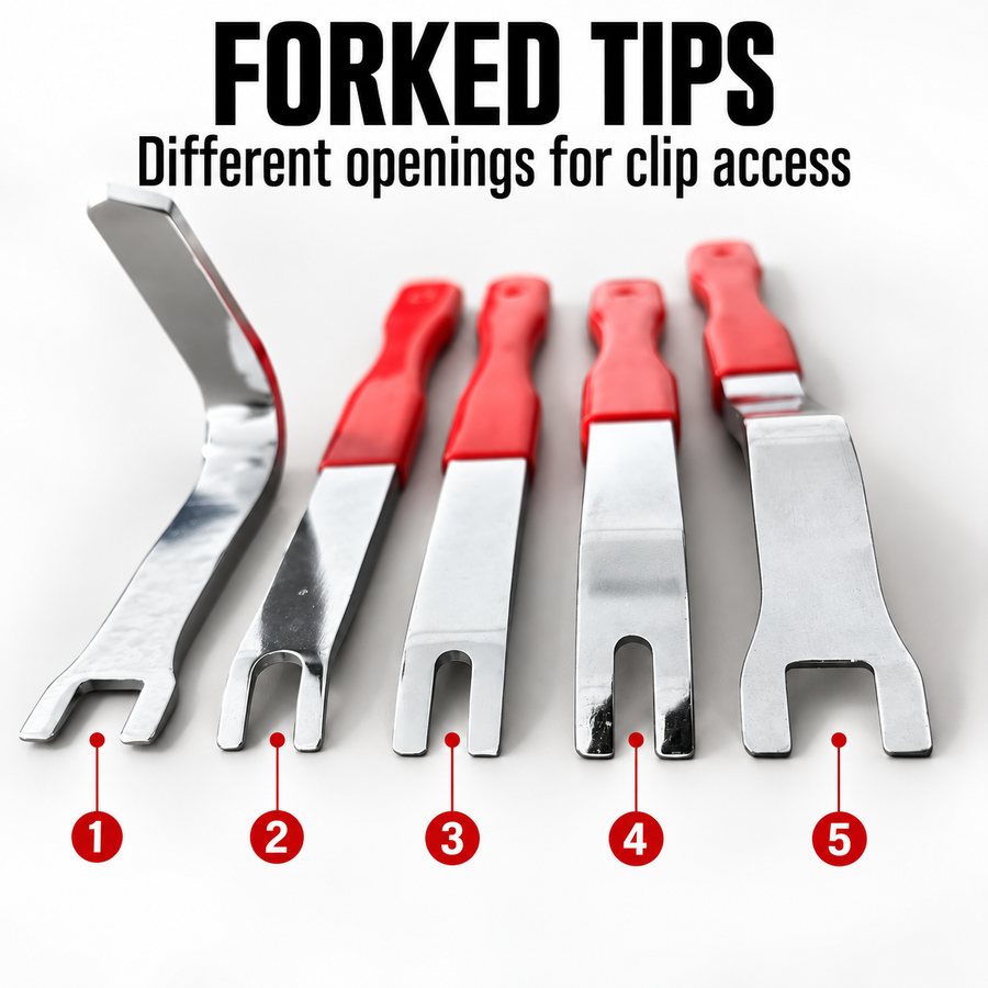 Five forked trim removal tool tips with different openings and curved profiles