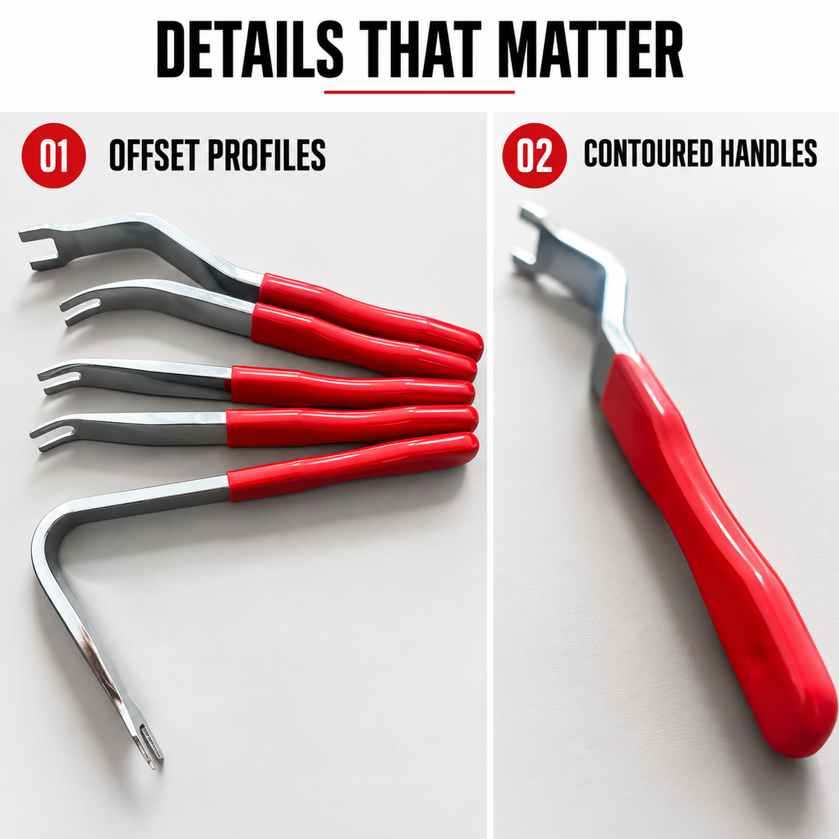 Side views of offset trim removal tools and a close-up of the contoured red handle
